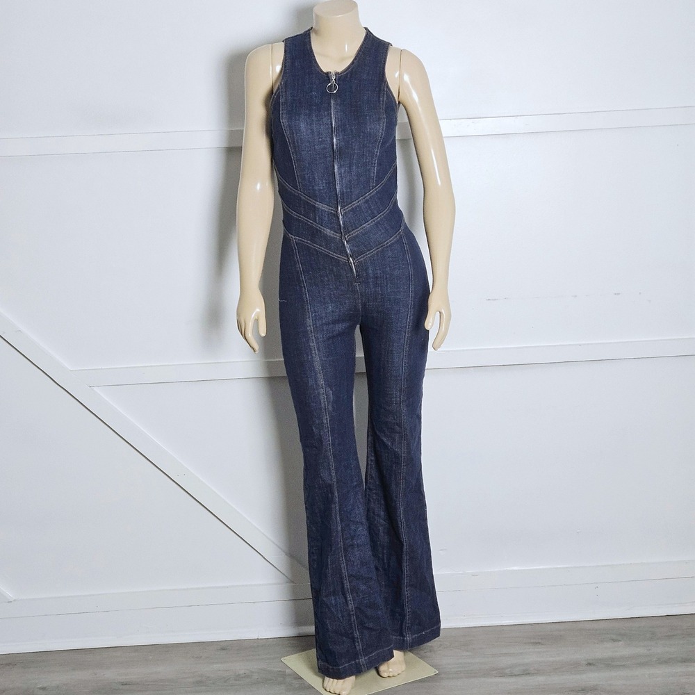Revice Women's Hollywood Heartthrob Denim Jumpsuit Ring Zip Cutout Back Size M